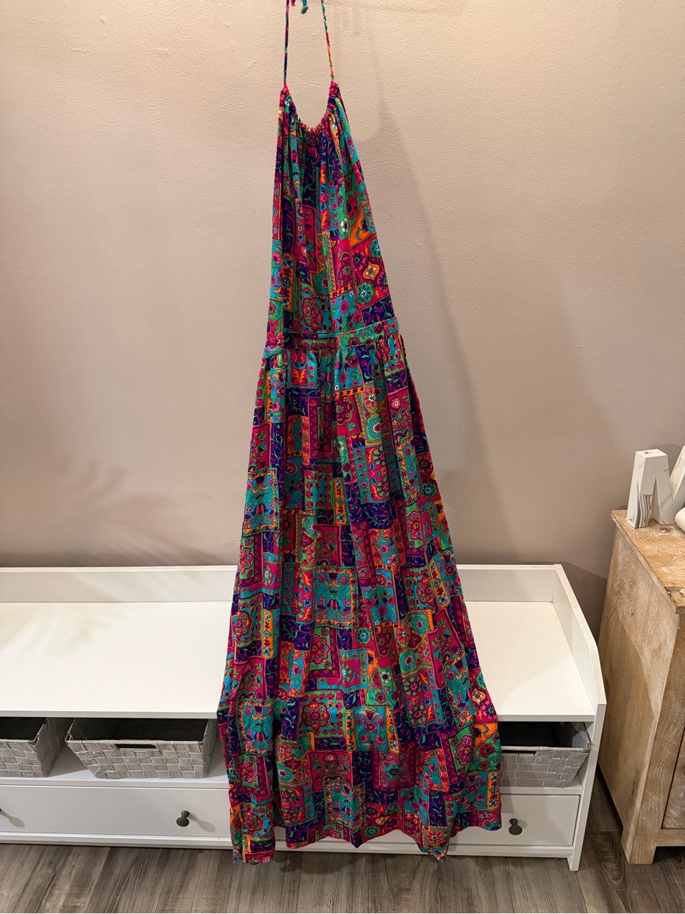 Vintage Beach Joy Halter Maxi Dress Patchwork Floral Paisley Boho Multi-Color